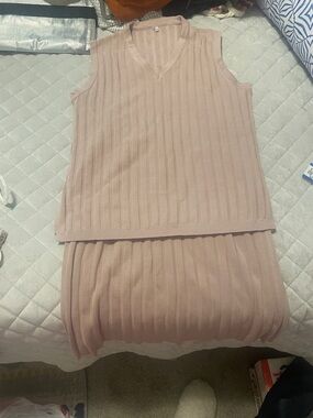 Fashion  Blush Pink Ribbed Knit Skirt Set